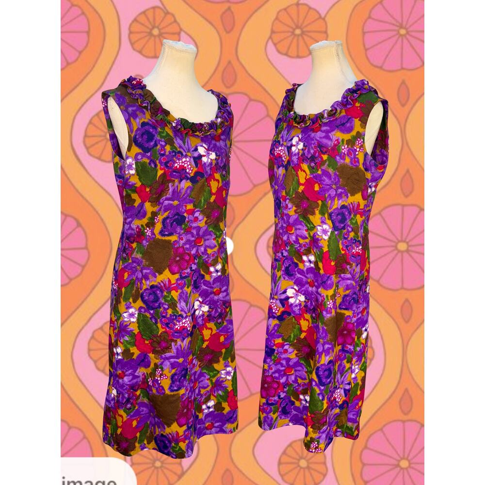 Vintage 1960s Flower Power Floral Mod Sleeveless Ruffled Neck Shift Dress XL - Picture 3 of 4